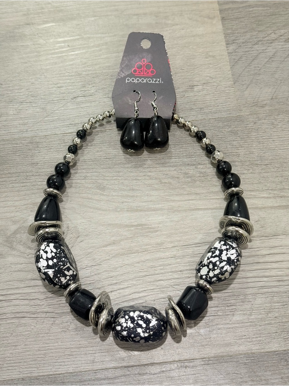 Paparazzi Black and Silver Speckled Statement Necklace with Matching Earrings